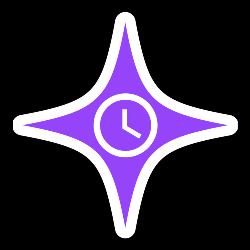 Purple star-shaped logo with a clock symbol in the center on a black background