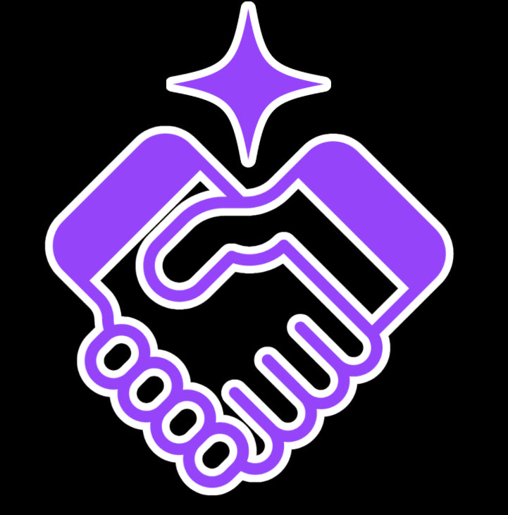 Purple handshake icon with a star above on a black background